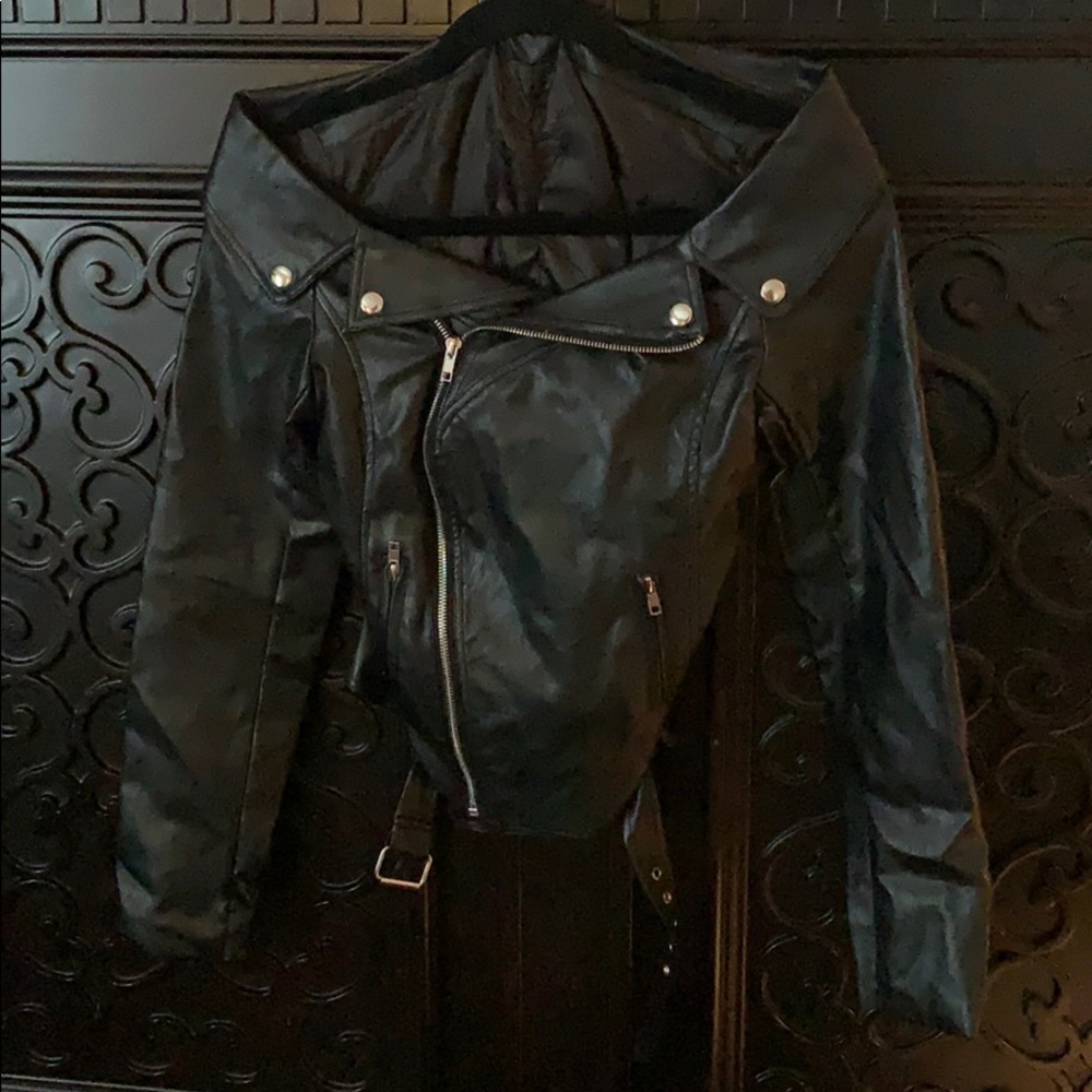 Off the shoulder faux leather jacket